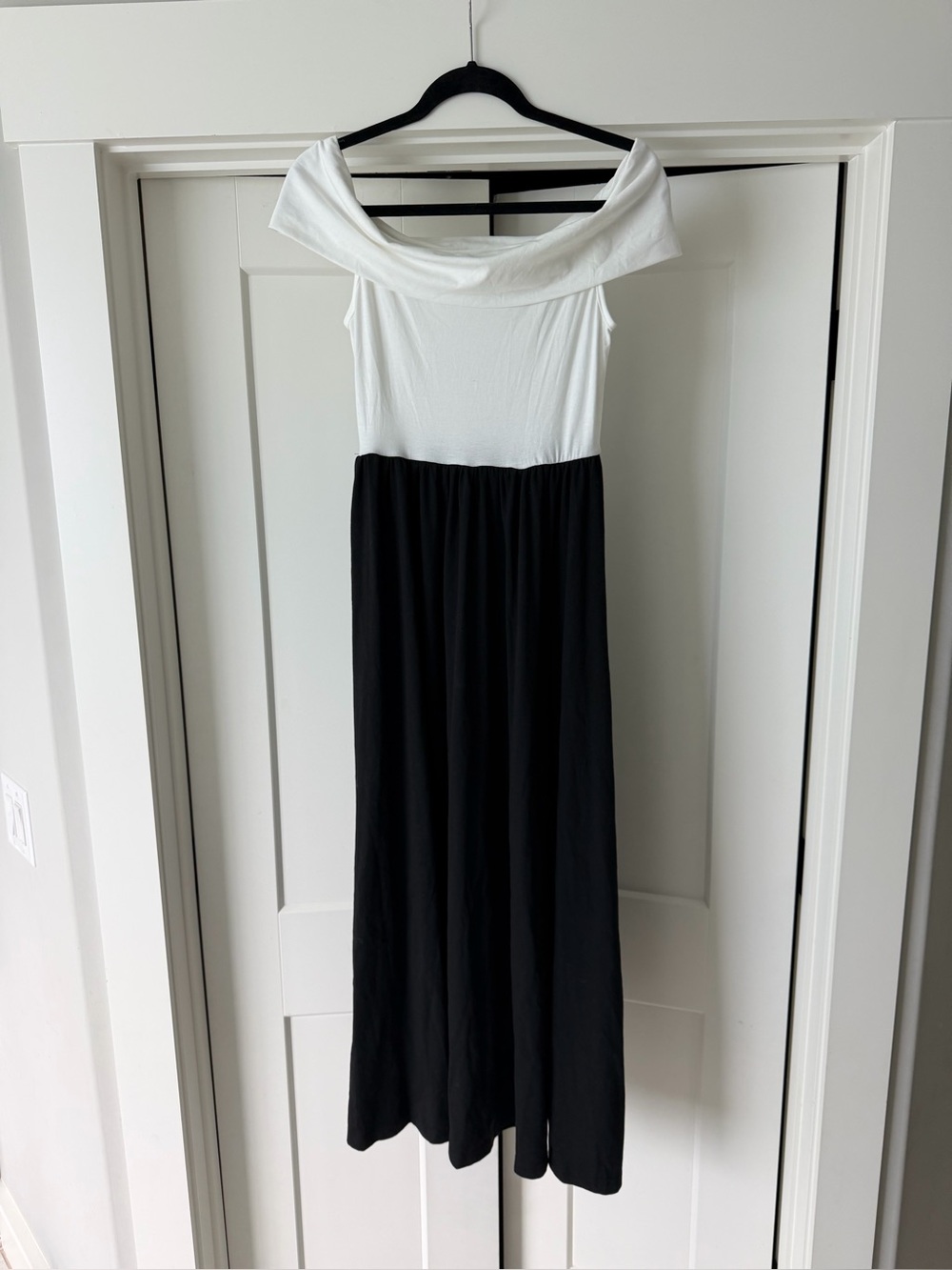 Off-Shoulder Two-Tone Maxi Dress — White and Black